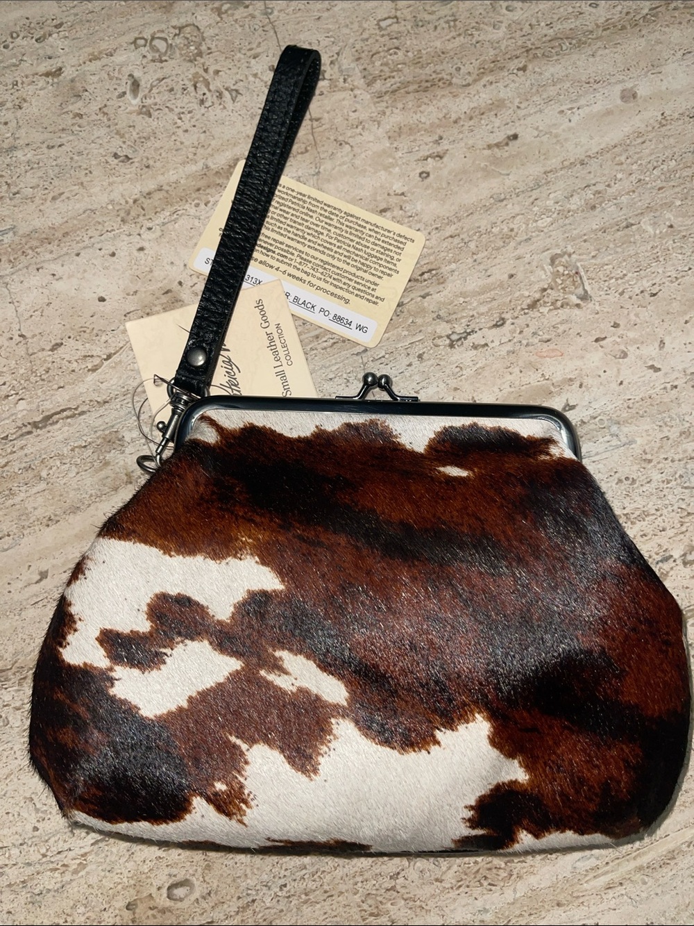 PATRICIA NASH Cavalino Cow-print hair-on-hide Kiss Lock frame Wristlet Brn Blk